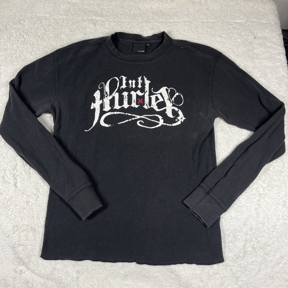 Hurley Men Shirt XL‎ Black Y2K Logo Waffle Knit Long Sleeve Tee Skateboard Surf